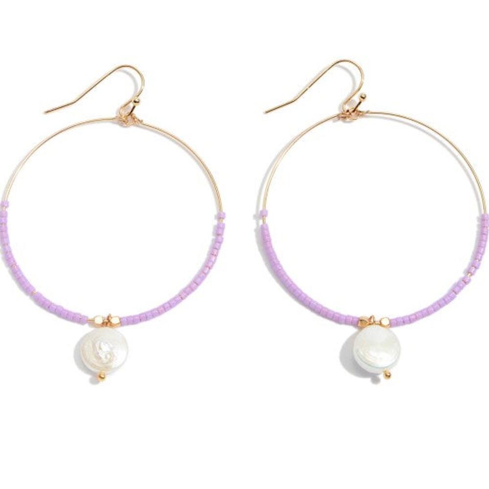 Seed Beaded Circular Drop Earrings with Pearl Accent – Purple & Gold